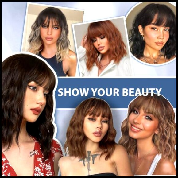 Short Wavy Bob Wig with Bangs Heat Resistant Synthetic Hair for Cosplay main image 5